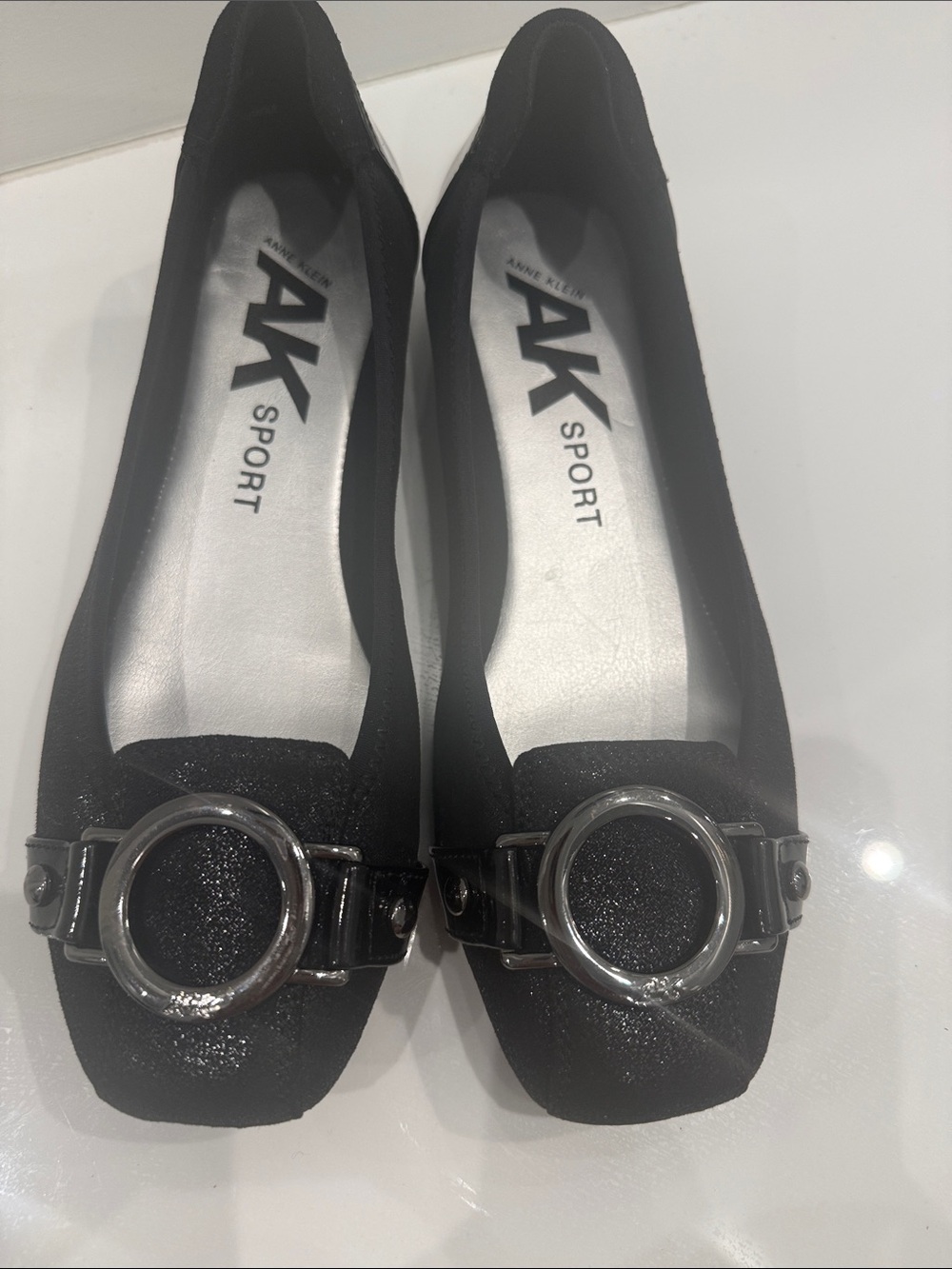 Anne Klein Black Flats with Silver Ring Detail